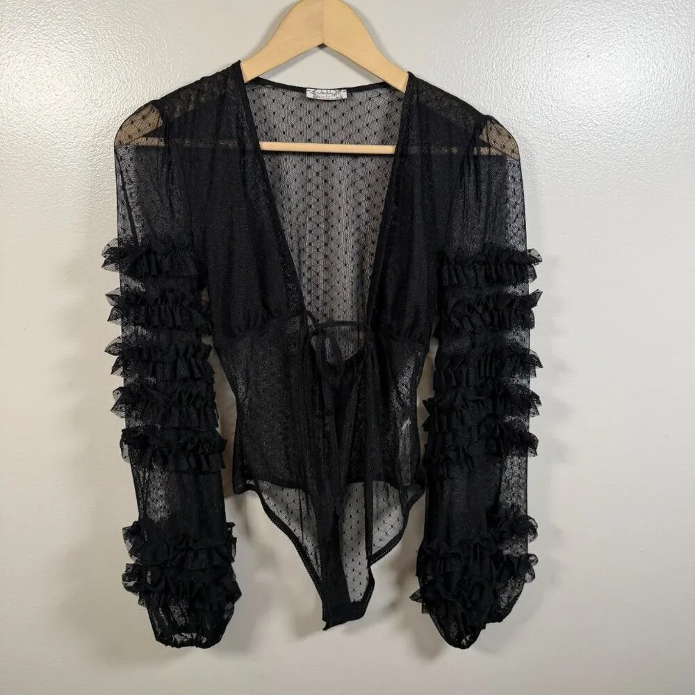 Free People Love Again Mesh Bodysuit Size XS Sheer Ruffle Romantic Sexy